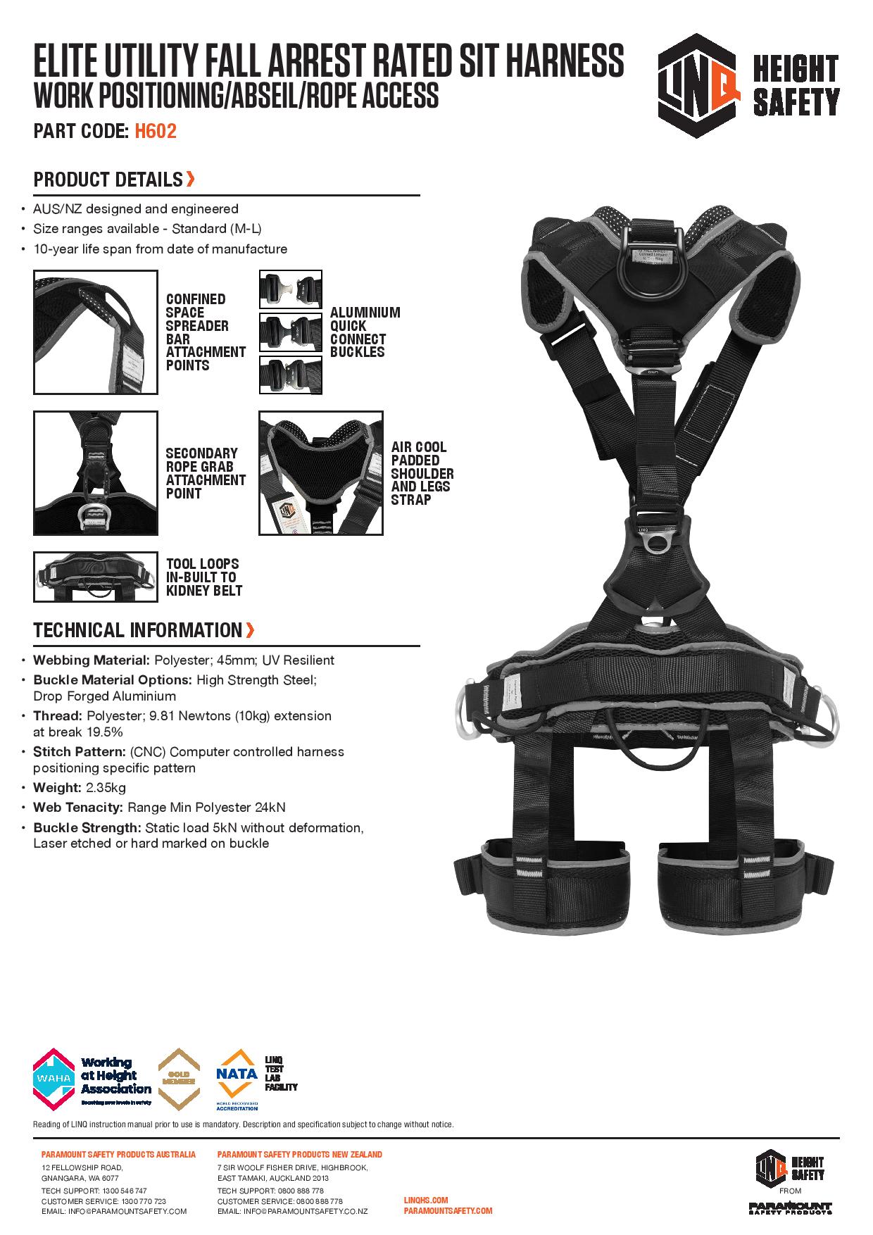 Linq H602 Elite Utility Fall Arrest Rated Sit Harness