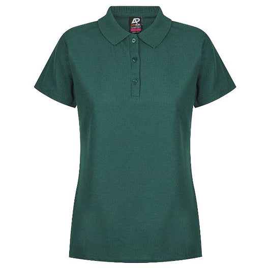 A bottle green Aussie Pacific Hunter N2312 ladies polo shirt with short sleeves, collar, and buttons - Front view