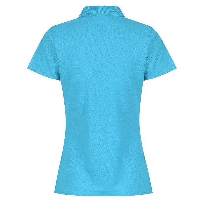 A cyan coloured Aussie Pacific Hunter N2312 ladies polo shirt with a collar, short sleeves, and button-up front. - Back view