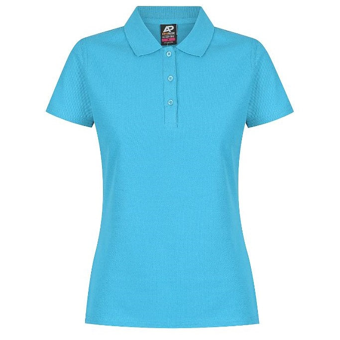 A cyan coloured Aussie Pacific Hunter N2312 ladies polo shirt with a collar, short sleeves, and button-up front. - Front view