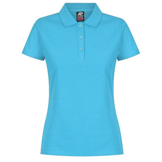 A cyan coloured Aussie Pacific Hunter N2312 ladies polo shirt with a collar, short sleeves, and button-up front. - Front view