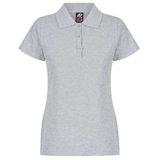 A grey marle women's polo shirt with a collar, short sleeves, and buttons at the neck Aussie Pacific N2312 Hunter Ladies Polo Grey Marle - Front view
