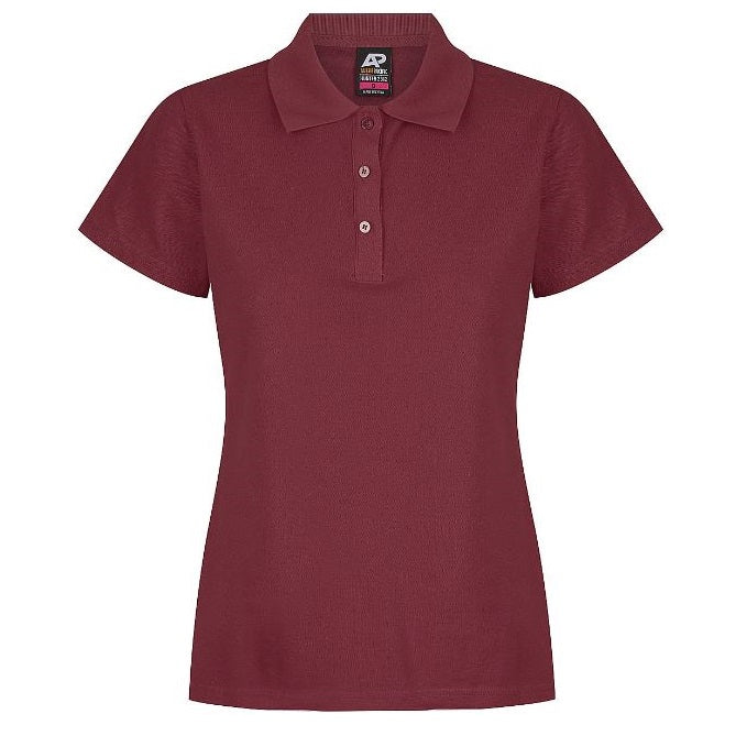 A maroon coloured Aussie Pacific Hunter ladies polo shirt with short sleeves and a collar - Front views