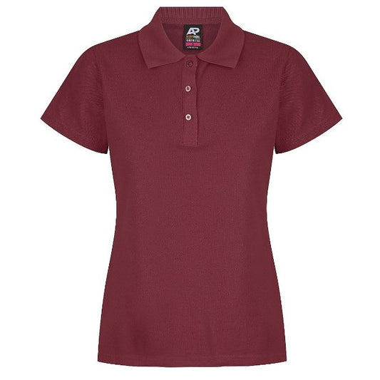 A maroon coloured Aussie Pacific Hunter ladies polo shirt with short sleeves and a collar - Front views