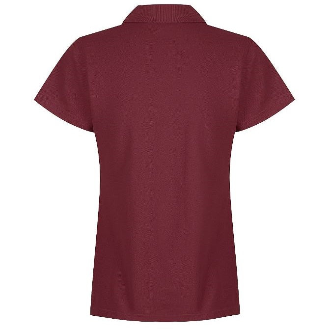 A maroon coloured Aussie Pacific Hunter ladies polo shirt with short sleeves and a collar - Back views