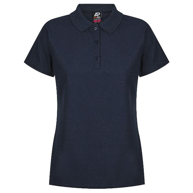Navy coloured Aussie Pacific N2312 Hunter ladies polo shirt with short sleeves, collar, and buttons at the neck - Front view