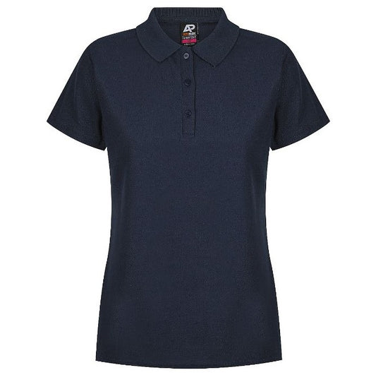 Navy coloured Aussie Pacific N2312 Hunter ladies polo shirt with short sleeves, collar, and buttons at the neck - Front view