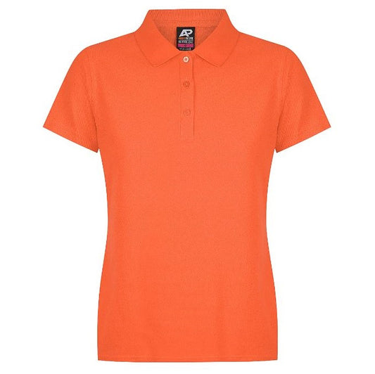 An orange Aussie Pacific Hunter N2312 ladies polo shirt with short sleeves and a collar - Front view