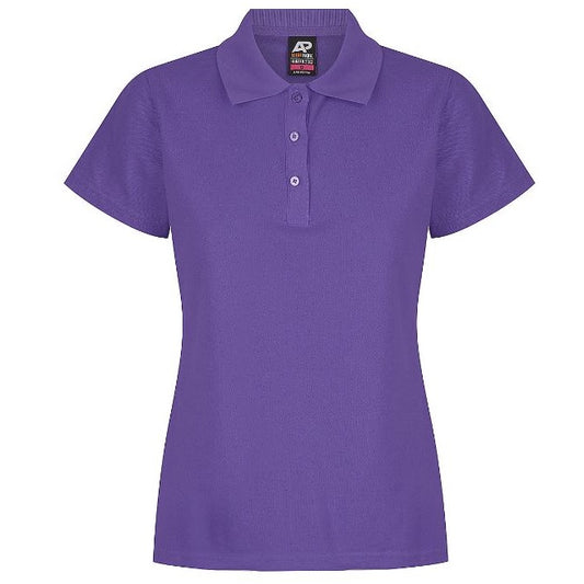 A purple Aussie Pacific N2312 Hunter ladies polo shirt with short sleeves, a collar, and buttons at the neck. - Front