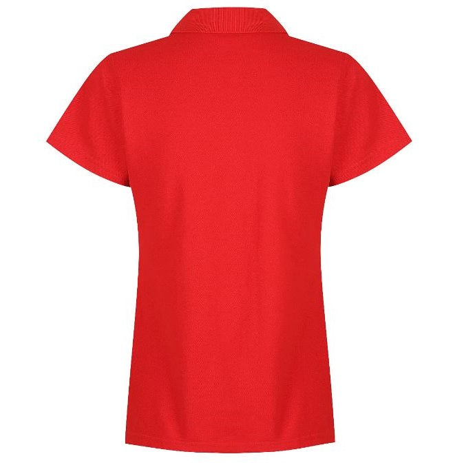 A red Aussie Pacific N2312 Hunter ladies polo shirt with a collar, short sleeves, and button-up neck - Back