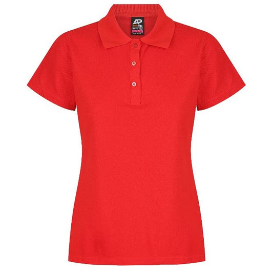 A red Aussie Pacific N2312 Hunter ladies polo shirt with a collar, short sleeves, and button-up neck - Front