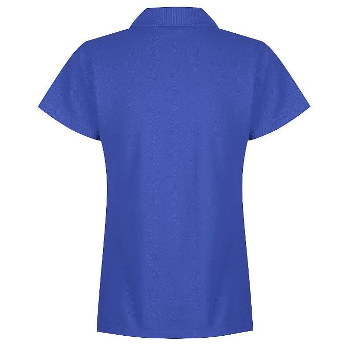 A royal blue Aussie Pacific N2312 Hunter ladies polo shirt with short sleeves, a collar, and buttons at the neck - Back view