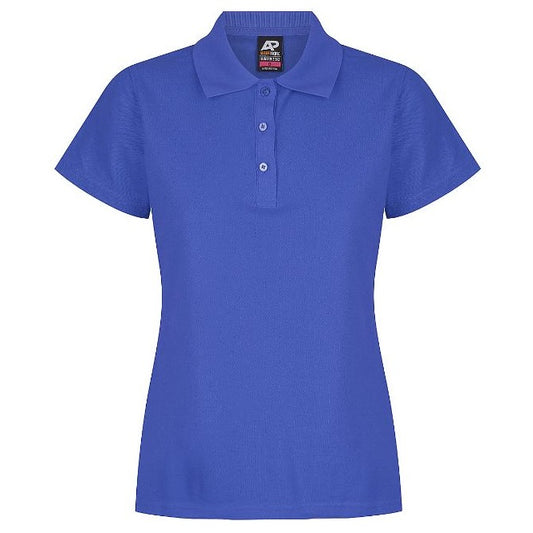 A royal blue Aussie Pacific N2312 Hunter ladies polo shirt with short sleeves, a collar, and buttons at the neck - Front view