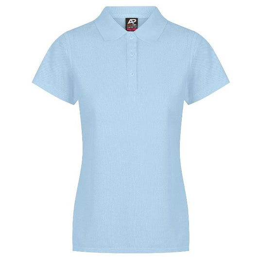A sky blue coloured Aussie Pacific N2312 Hunter ladies polo shirt with short sleeves and a collar - Front view