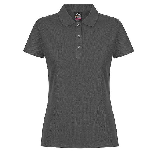 A slate coloured Aussie Pacific N2312 Hunter ladies polo shirt with short sleeves, collar, and three button placket - front view