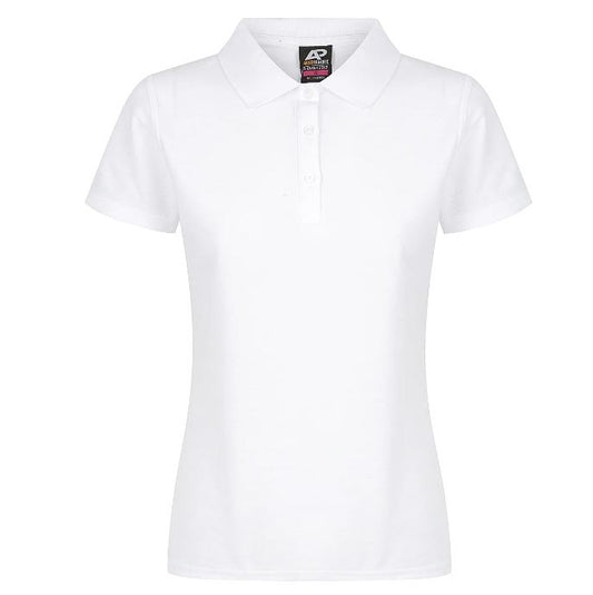 A white Aussie Pacific N2312 Hunter Ladies Polo shirt with a collar, short sleeves, and a front button placket. - Front view