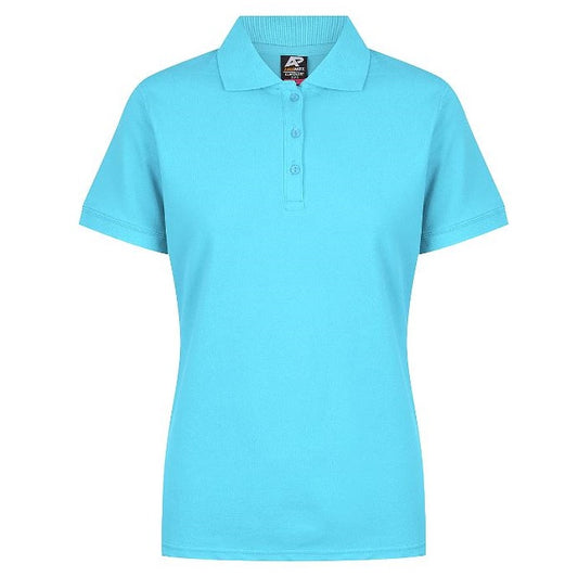 A blue Aussie Pacific Claremont ladies polo shirt with a knitted collar, short sleeves, and side vents.