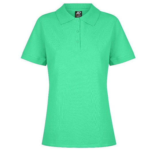 A green Aussie Pacific Claremont ladies polo shirt with a knitted collar, short sleeves, and side splits. - Front view