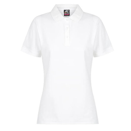 A white Aussie Pacific Claremont ladies polo shirt with a knitted collar, short sleeves, and side vents. - Front view