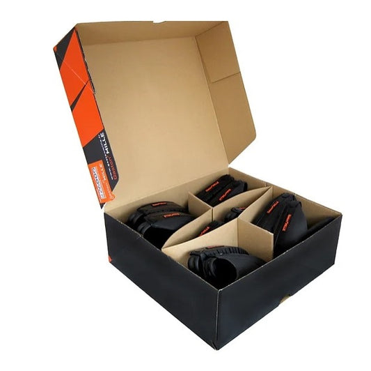 A box of Gaston Mille OSCKIT1 composite safety overshoes for visitors, containing five pairs in different sizes, with the overshoes visible inside the open box.