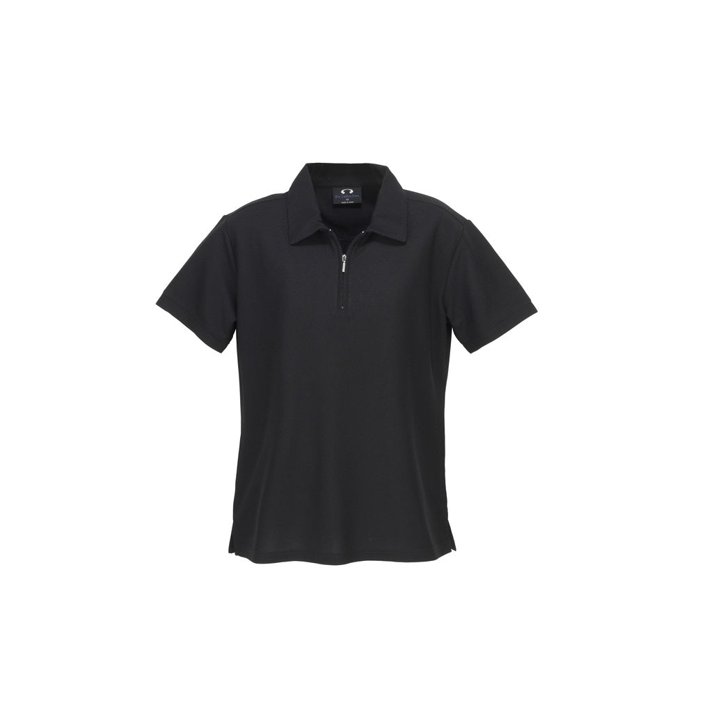 Biz Collection ladies' micro waffle professional leisure lifestyle polo with a collar, short sleeves, and a front zipper.