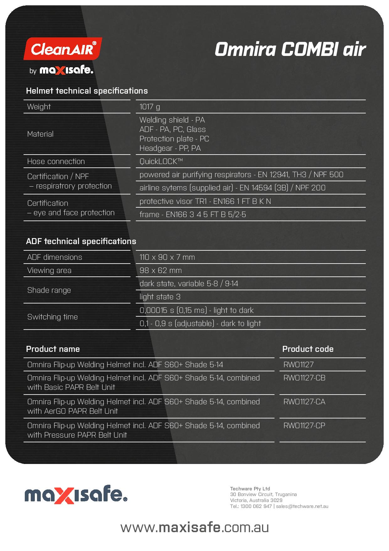 Maxisafe R303201 CleanAIR Omnira COMBI Welding Helmet & AerGO PAPR Kit