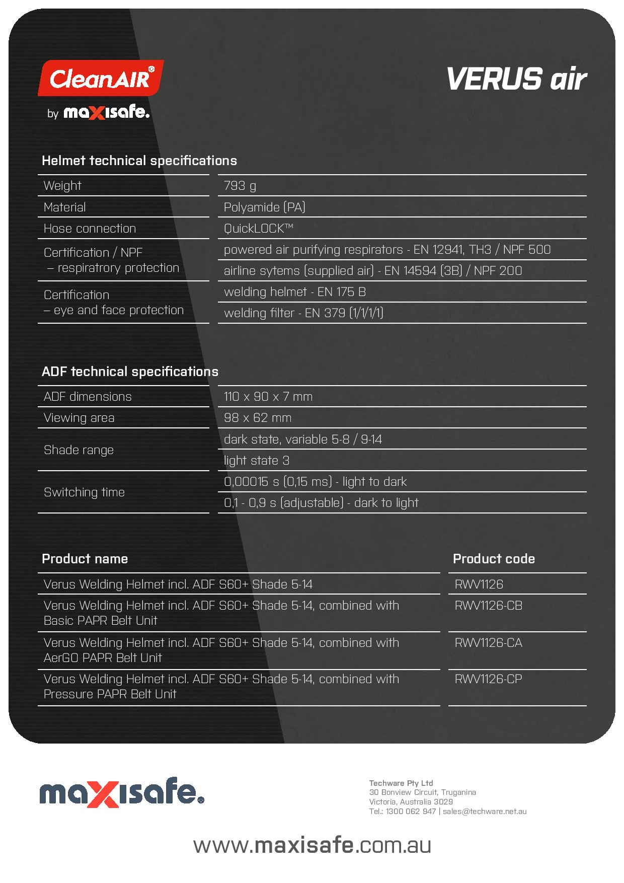 Maxisafe R813001 CleanAIR Verus Welding Helmet & Basic PAPR Kit