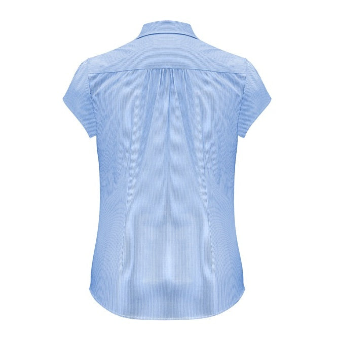 womens blue and white fine stripe shoulder gathering modern fit corportate professional button down Biz Collection S812LS Euro Ladies Short Sleeve Shirt