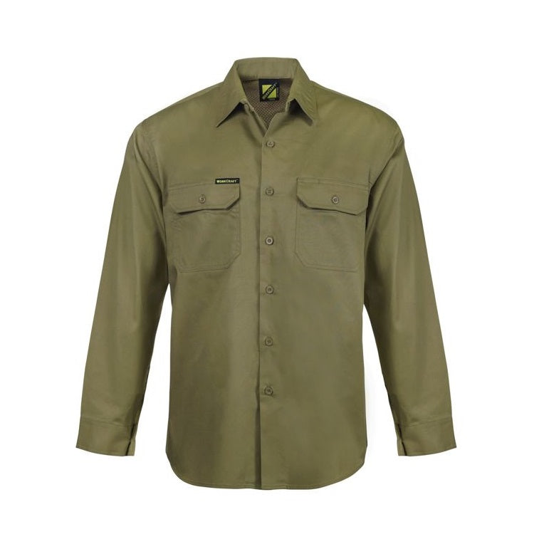 WS4011 Workcraft Khaki Long Sleeve Work shirt for Men with pockets on Chest - front view