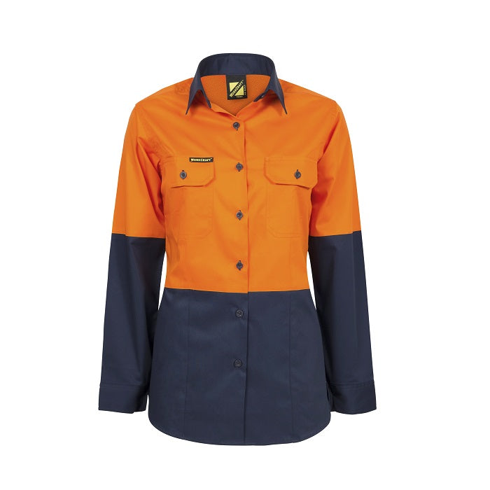 Workcraft WSL502 Ladies Lightweight HiVis Two Tone Long Sleeve Vented Cotton Drill Shirt