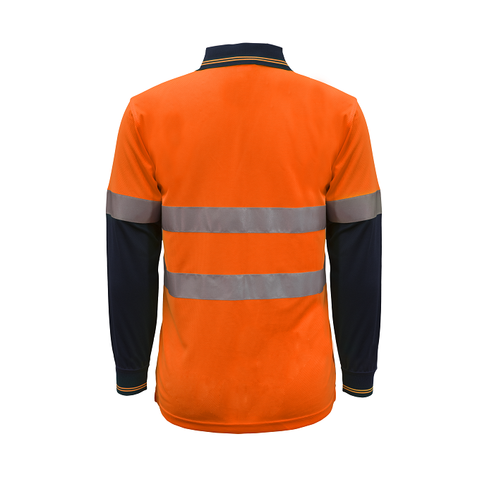 Workcraft WSP409 Hi Vis Orange Two Tone Long Sleeve Micromesh Polo with Pocket and CSR Reflective Tape - Back view