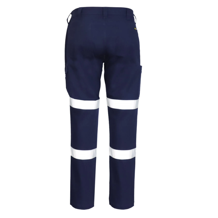 Ladies Navy blue high-visibility Workcraft WPL475 Womens Stretch Drill Cargo Taped Pants, with shaped waistband and reinforced seams, rear view