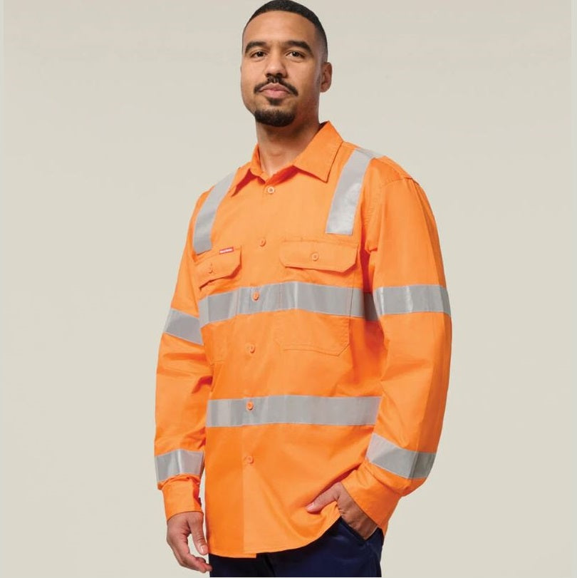 Hard Yakka Y04265 Biomotion Hi Vis Taped Cotton Drill Shirt