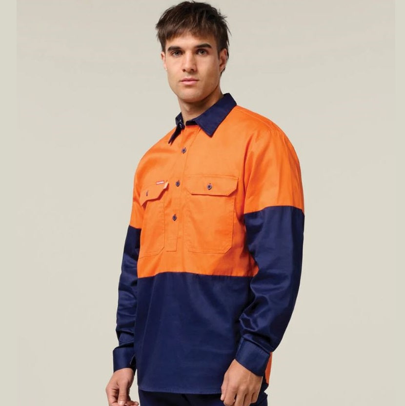 Hard Yakka Y07984 HiVis Cotton Drill Closed Front L/S Shirt