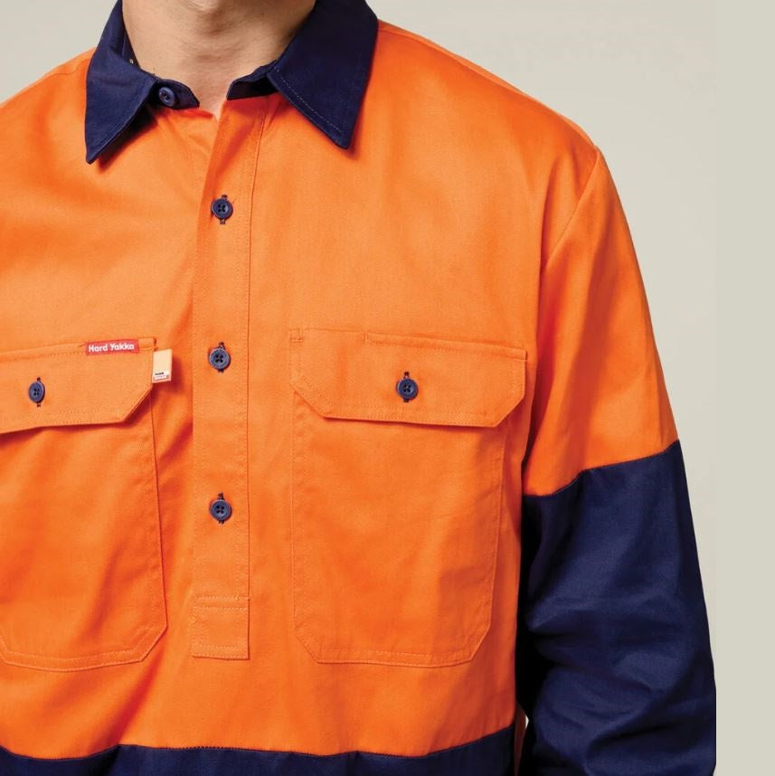 Hard Yakka Y07984 HiVis Cotton Drill Closed Front L/S Shirt