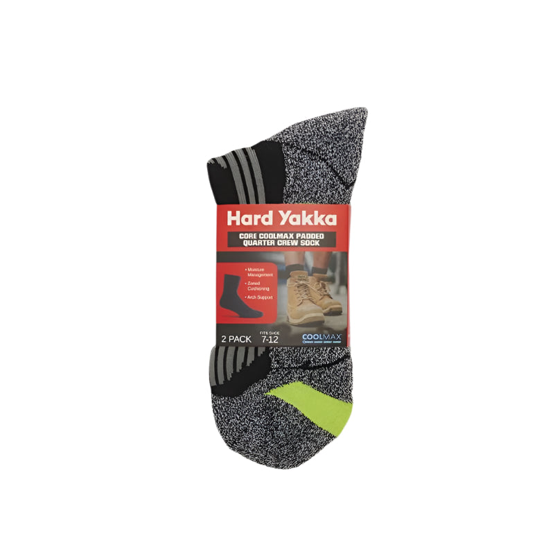 Hard Yakka Y20017 Core Coolmax Padded Quarter Crew Sock 2PK