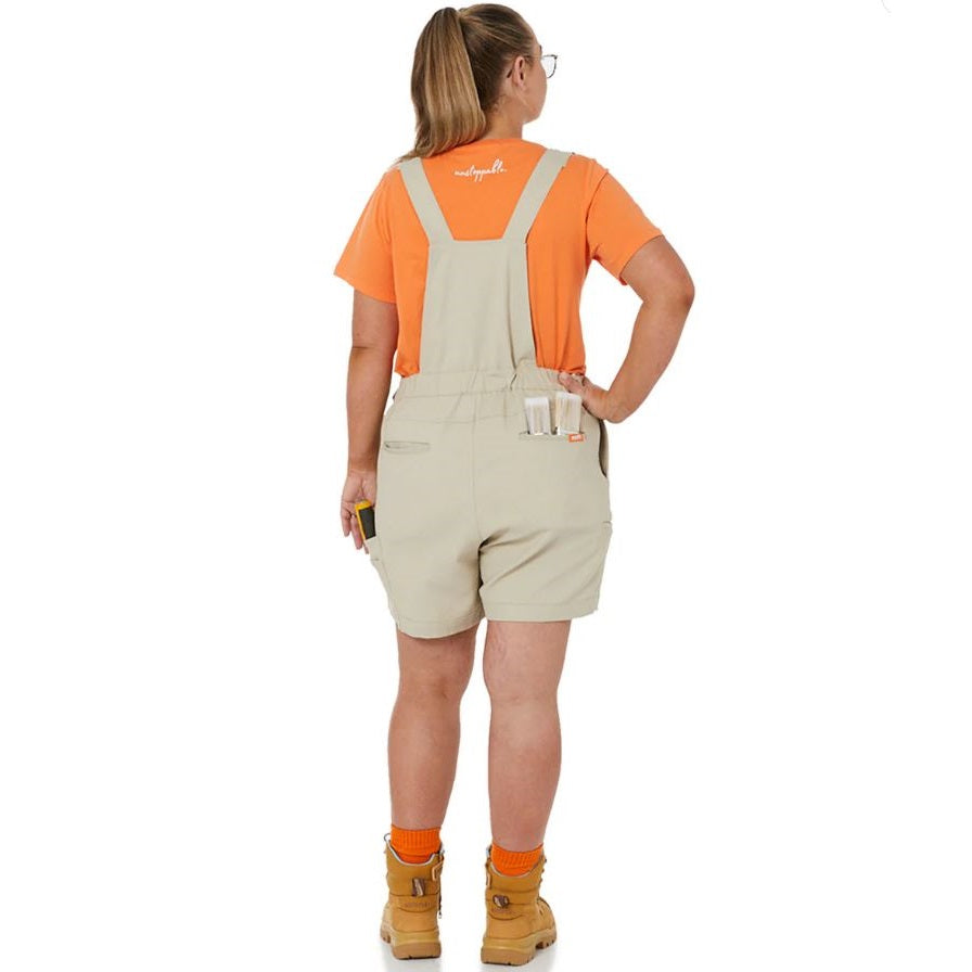 Womens colour Stone work shortalls Zadie workwear -Back view with orange shirt