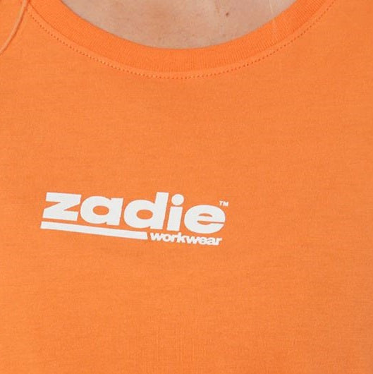 Z01T Zadie Orange Womens Tee -Close view with Zadie logo