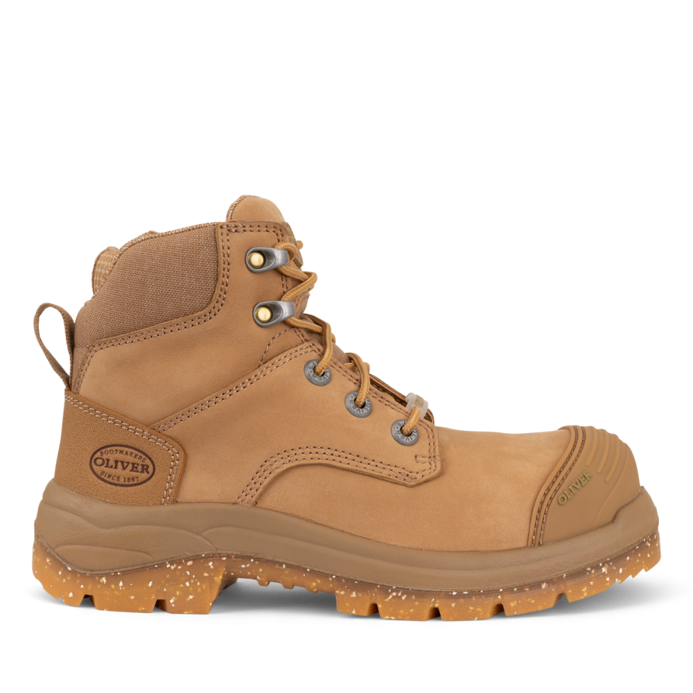 Brown work boot with visible brand logo on a white background