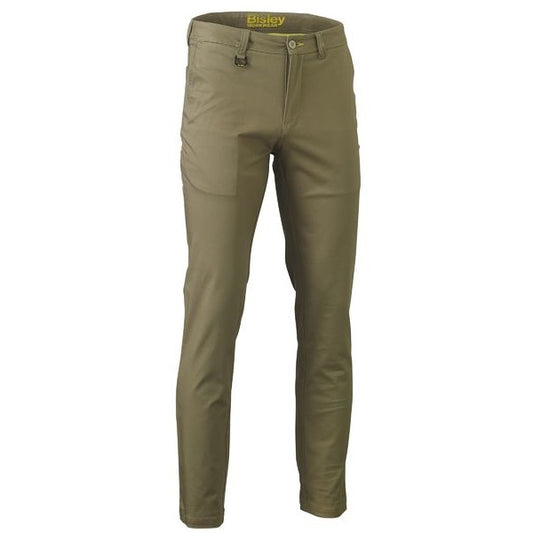 A pair of Bisley stretch cotton drill work pants in khaki color, featuring a mid-rise fit with a curved waistband, slim straight leg, and reinforced stitching.