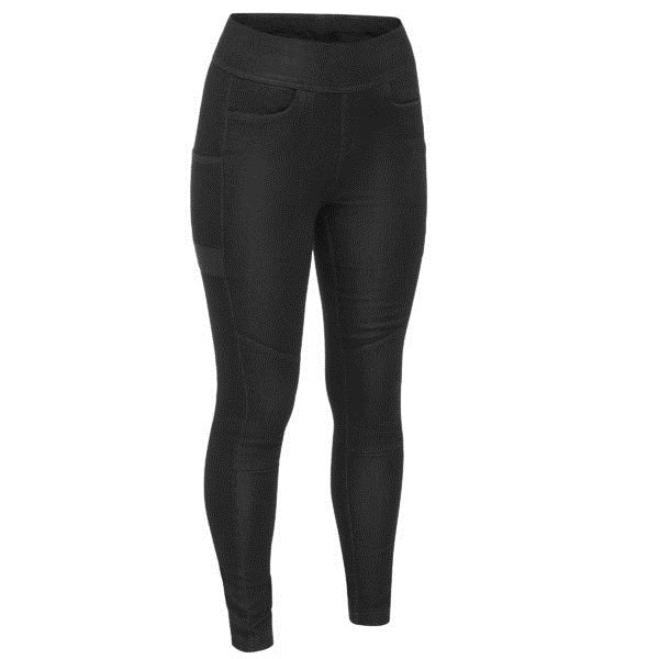 A pair of black-colored Bisley women's jeggings with an elastic waistband, functional front pockets, and a design suitable for workwear.