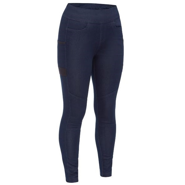 A pair of navy-colored Bisley women's jeggings with an elastic waistband, functional front pockets, and a design suitable for workwear.