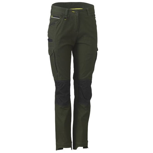 A pair of green Bisley BPL6044 Women's Flex&Move Cargo Pants with reinforced knee patches and multiple pockets.