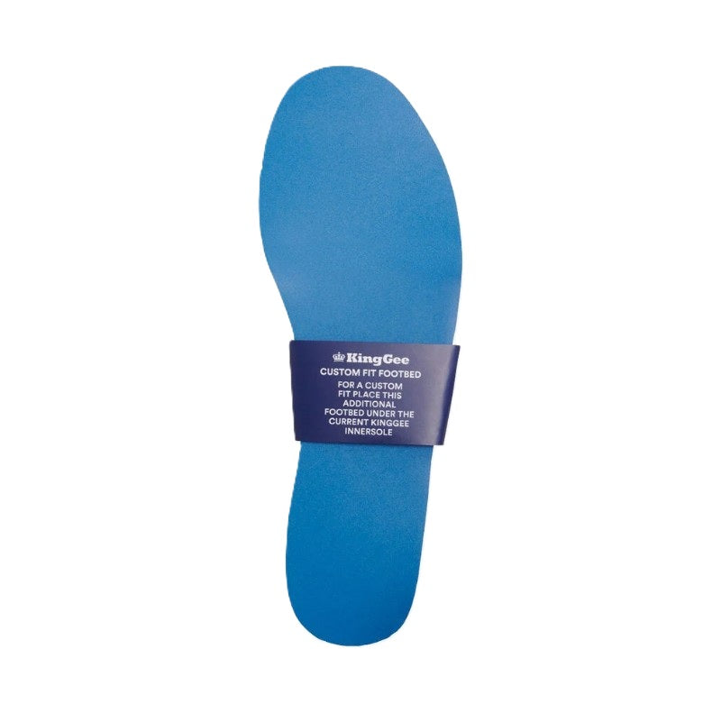 Blue shoe insole with a label on a white background