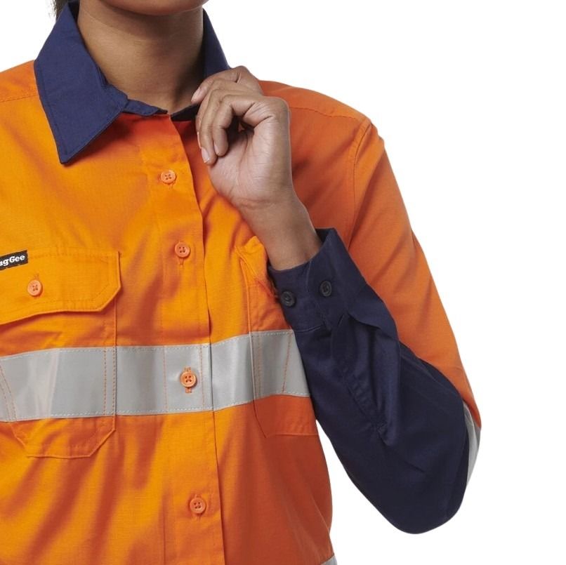 Orange work shirt with reflective stripes and a brand logo on a white background