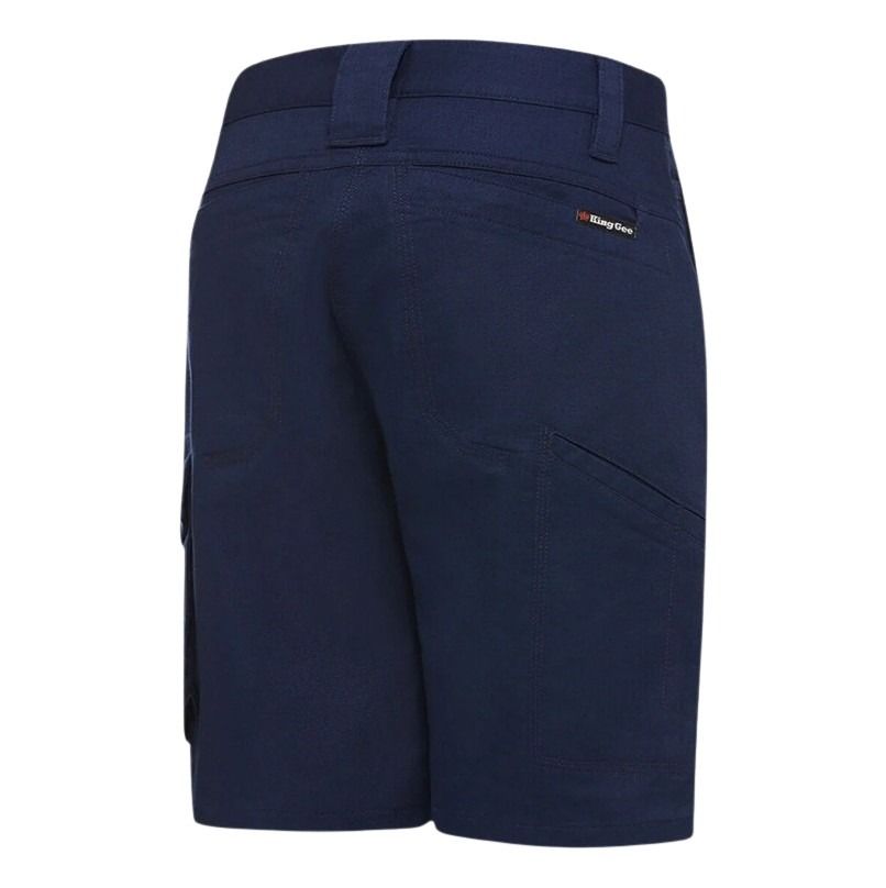 Navy blue shorts with a brand logo on a white background