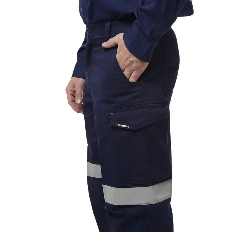 Navy work pants with reflective stripes on a white background