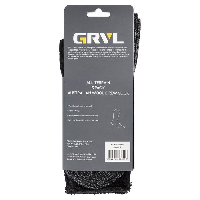 Grvl-S1 All Terrain Australian Wool Blend 3 Pk Work Socks