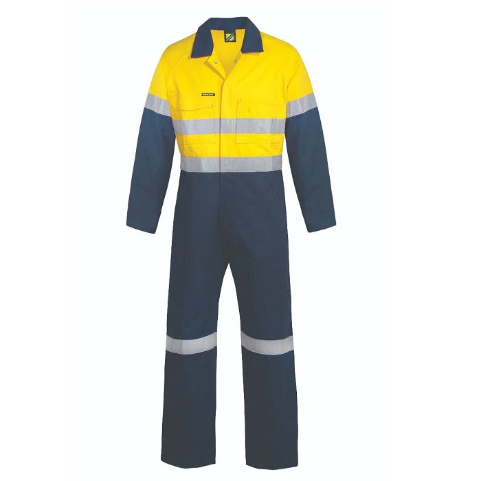 Workcraft WC6093 HiVis Two Tone Cotton Drill Coveralls with CSR Reflective Tape Yellow/Navy Taped - Front