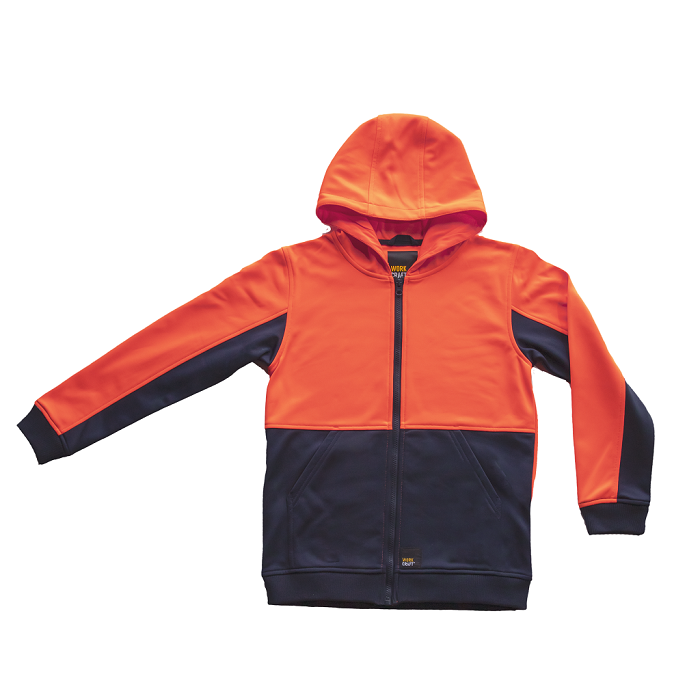 A kid's high-visibility orange and navy hoodie with a full zipper, hood, and front pouch pocket. Workcraft WK8015 Ascent Kids HiVis Hoodie